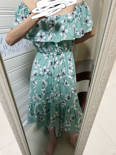 Customer photo review of Off Shoulder Floor-Length Half Sleeve Print Asymmetrical Women's Dress
