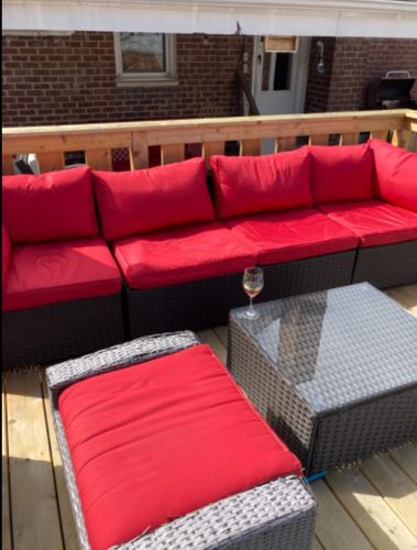 Customer photo review of 7 Pcs Patio Furniture Set All Weather Sectional Sofa w/ Red Cushion & Coffee Table