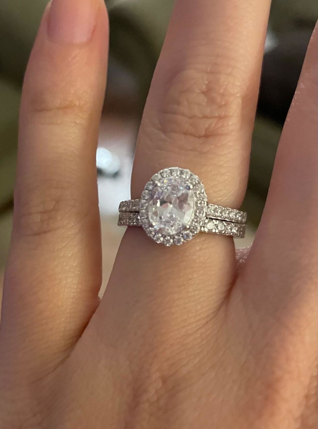 Customer photo review of Halo Oval Cut Moissanite Pave Sterling Silver Engagement Ring