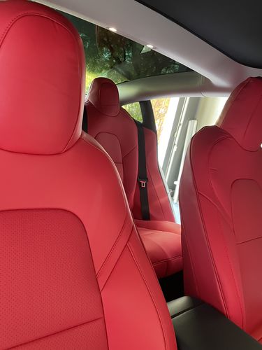 Customer photo review of All Season Leather Seat Covers (Red) for Tesla Model 3