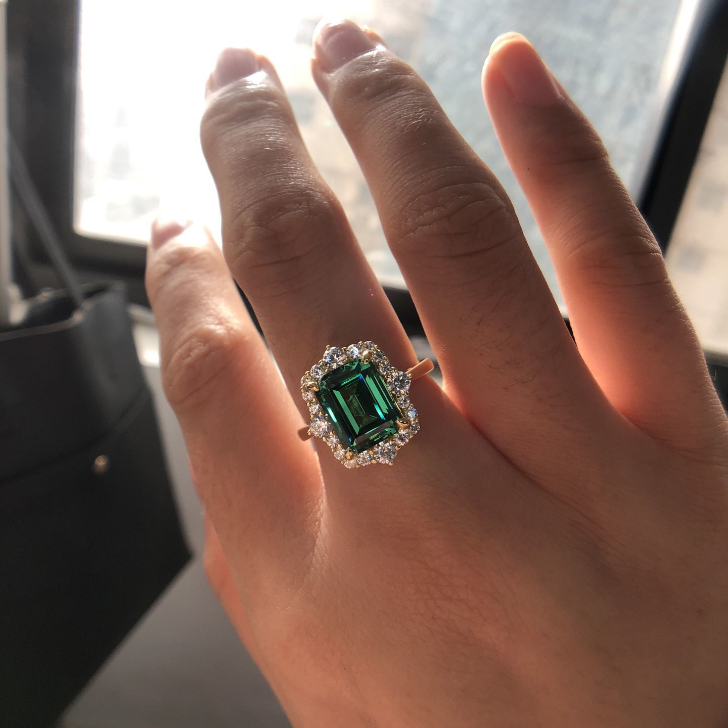 Customer photo review of S925 3.0Ct Emerald Cut Green/Red/Blue Stone Halo Engagement Ring Vintage Ring