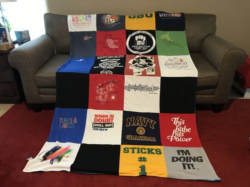 T-shirt quilt with travel, comedy themes by Billie L from TX