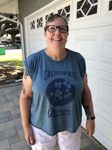 Customer photo review of California Grown Circle Heather Deep Teal Rolled Sleeve Tank