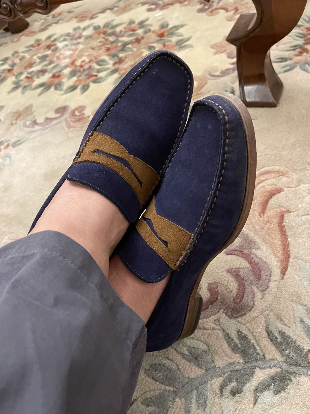 Customer photo review of MORGAN MOCASSIN NAVY SUEDE, MED BROWN SUEDE