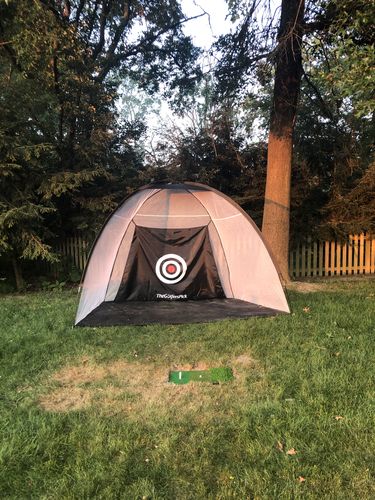 Customer photo review of Golf Practice Driving Net for Indoors and Outdoors | Tri-Turf Hitting Mat