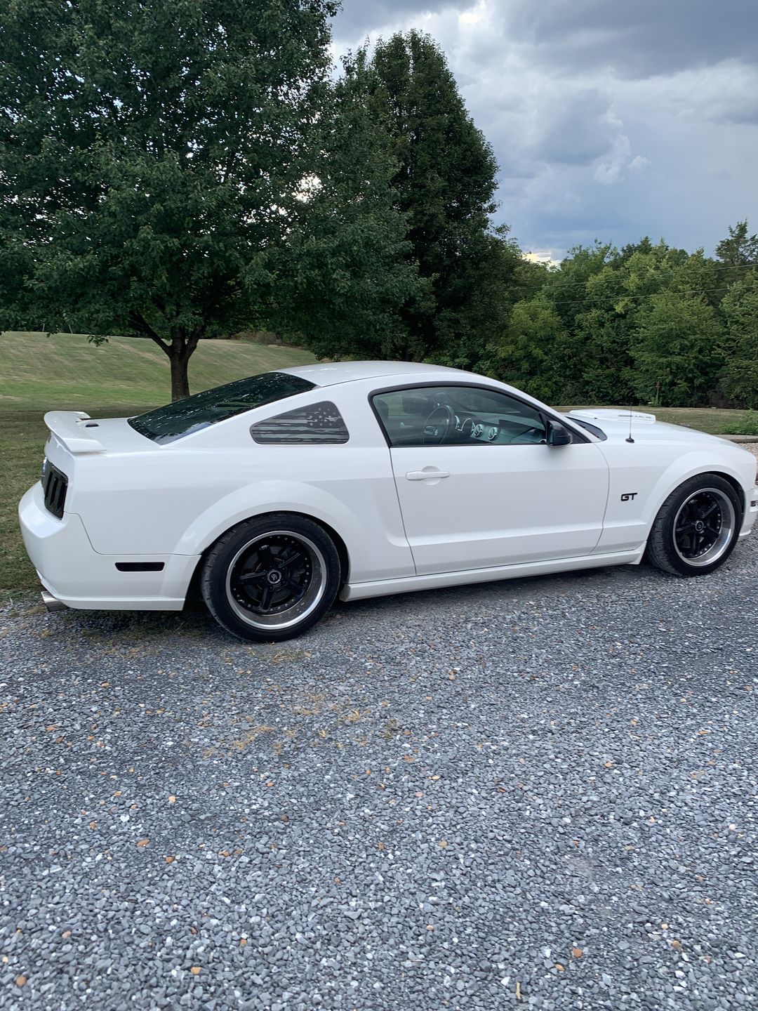 Customer photo review of (x2) Distressed USA flag pre-cut decal fits Ford Mustang 2005-2009 quarter window