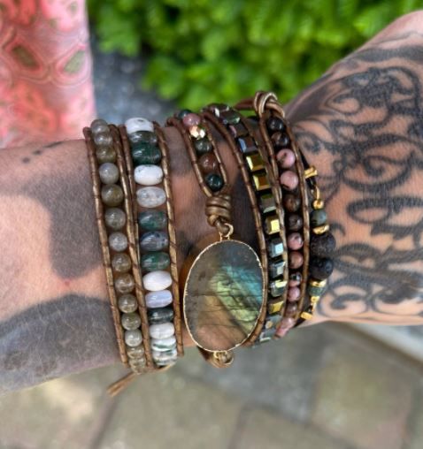 Customer photo review of Natural Labradorite Rhodochrosite & Moss Agate Beaded Wrap Bracelet