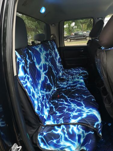 Customer photo review of Blue Electric Lightning Print Pet Car Back Seat Cover