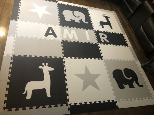 Customer photo review of Easy Personalize- SoftTiles Stars & Safari Play Mat Blk, Wht, Lt Gray- 6 Letter Name 6.5' x 6.5'