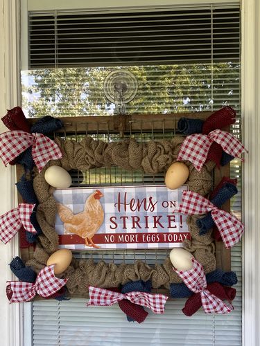 Customer photo review of 12.5"Lx6"H Hens On Strike Sign W/Jute Tan/Dk Red/Ctry Blu/Wht AP7099