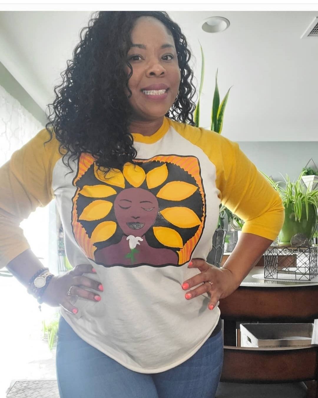Customer photo review of The Sunflower Baseball Tee in Yellow Gold and Creme (off white)