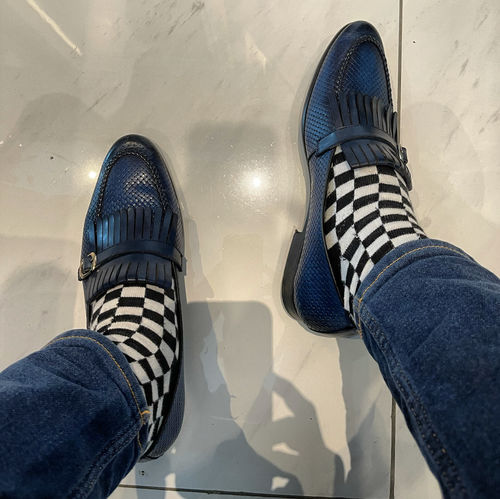 Customer photo review of Fringe Kiltie Loafer - Electric Blue Woven Leather with Side Buckle (Hand Painted Patina)