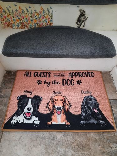 Customer photo review of All Guests Must Be Approved By The Dog Custom Doormat