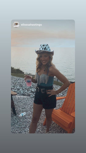 Customer photo review of Rhinestone Fringe Corset Denim Top