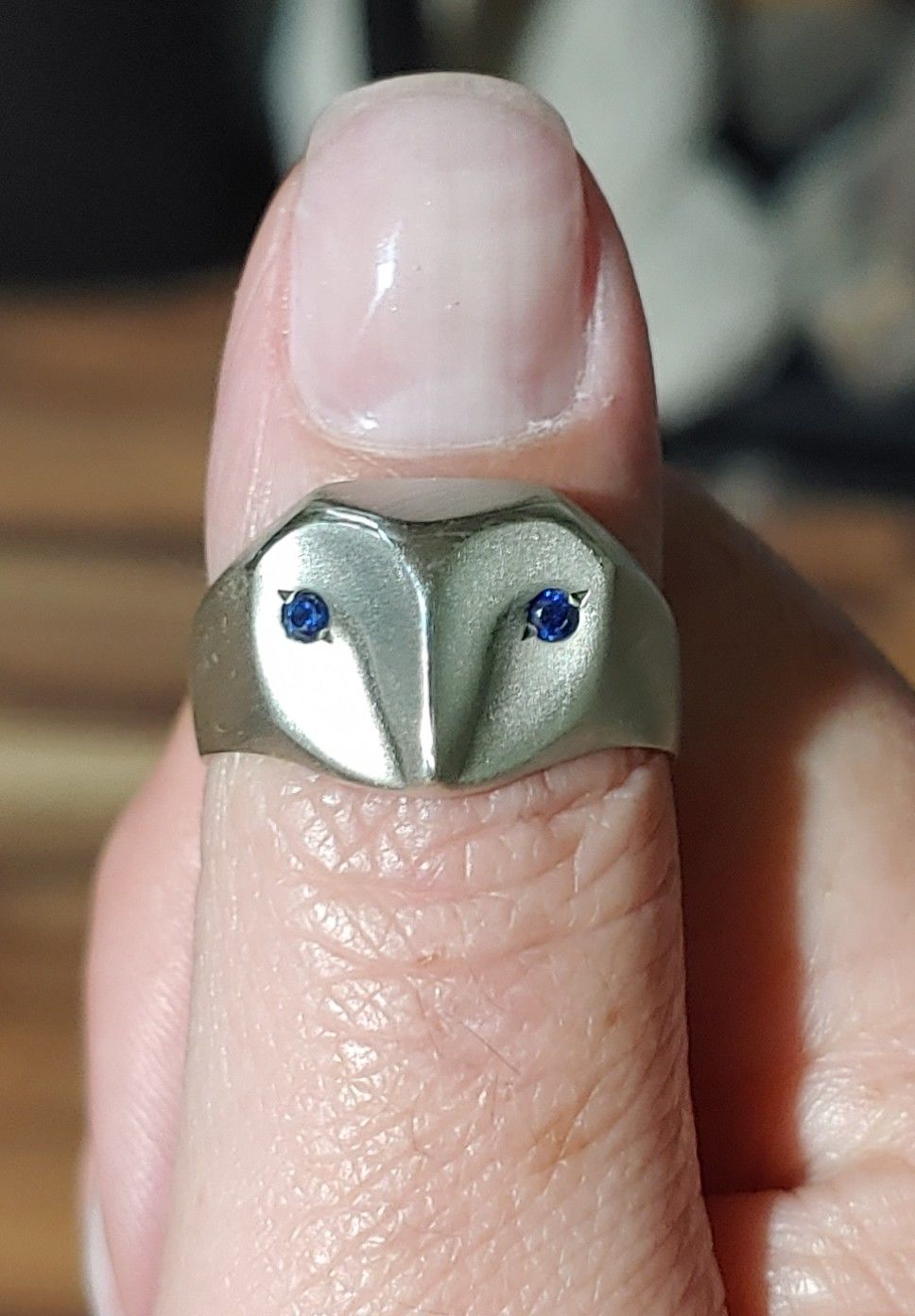 Customer photo review of Owl Ring with Sapphire Eyes