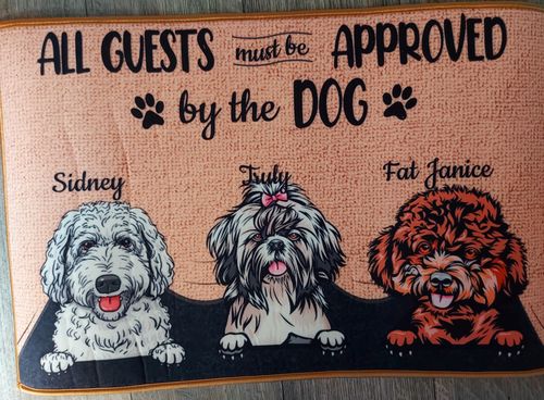Customer photo review of All Guests Must Be Approved By The Dog Custom Doormat