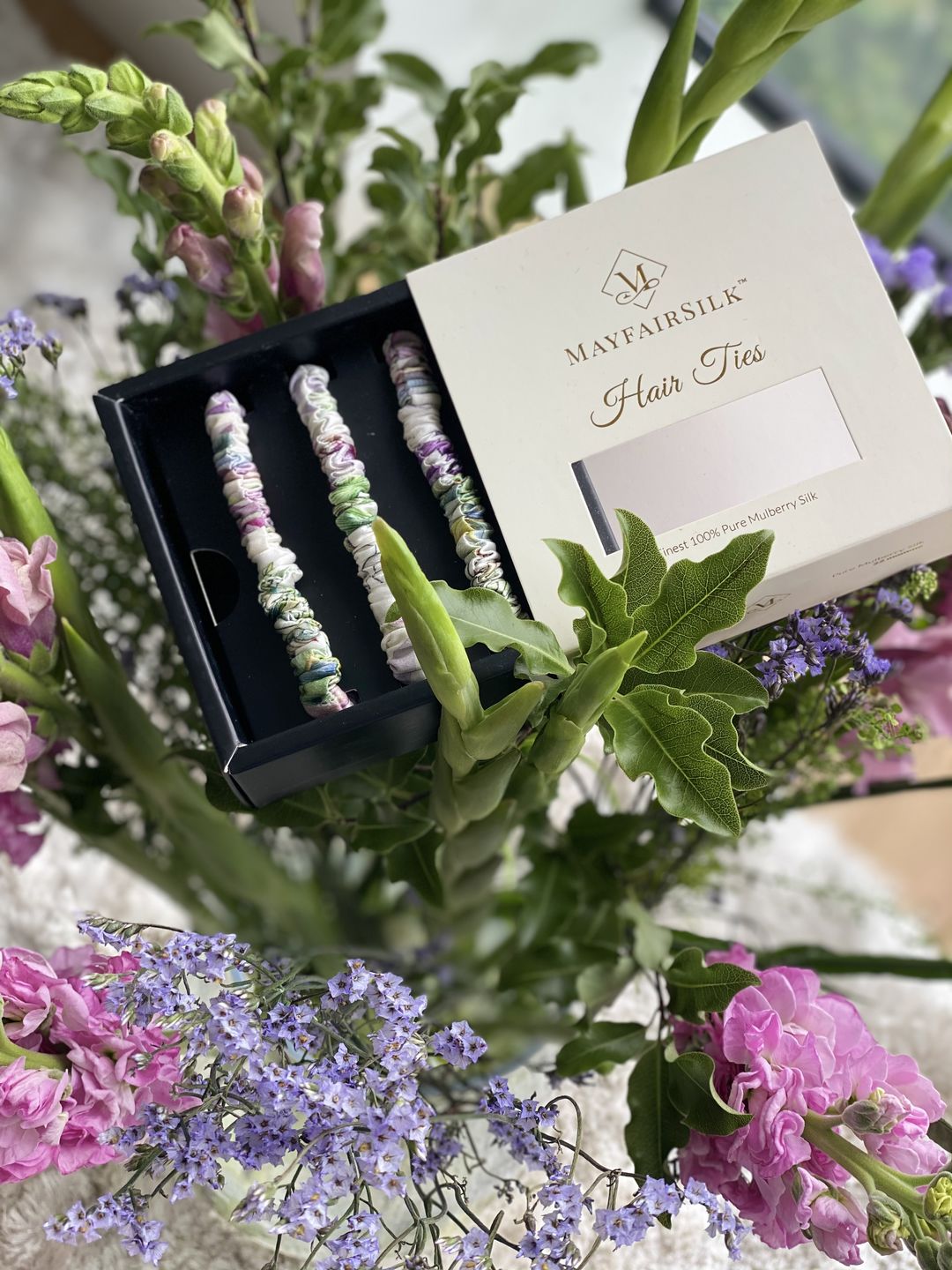 Customer photo review of Iridescent Garden Silk Hair Ties Set