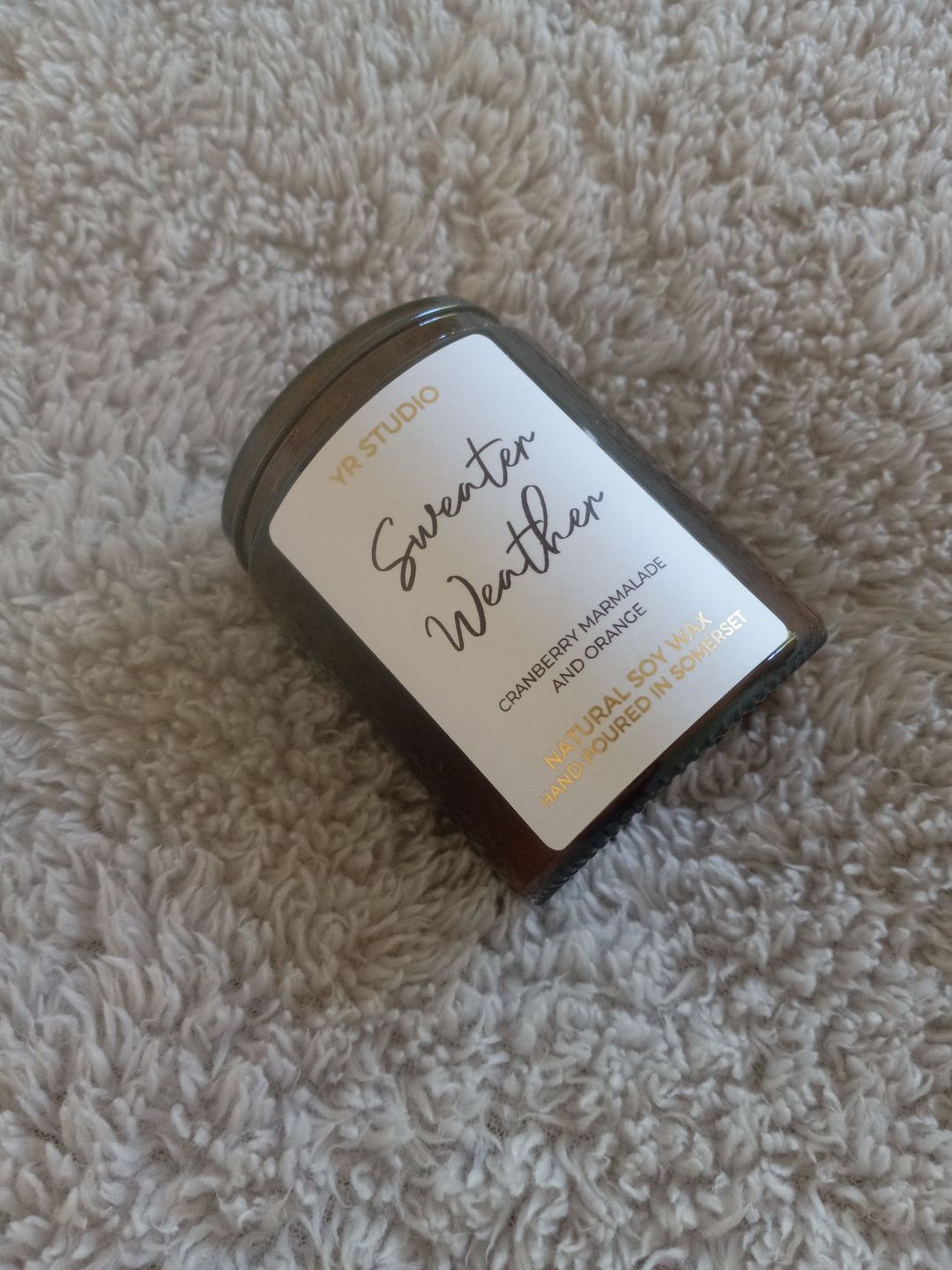 Customer photo review of "Sweater Weather" Cranberry Marmalade & Orange Soy Candle in Amber Jar