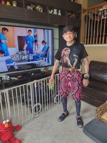 Customer photo review of Pink Python Snakeskin Print Men's Shorts