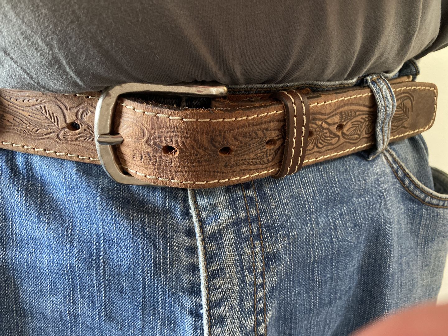 Customer photo review of The Wayfarer Belt - Brown Classic Western Embossed 100% Full Grain Leather Belt