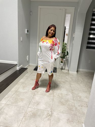 Customer photo review of Splash-ink Print Off Shoulder Casual Romper