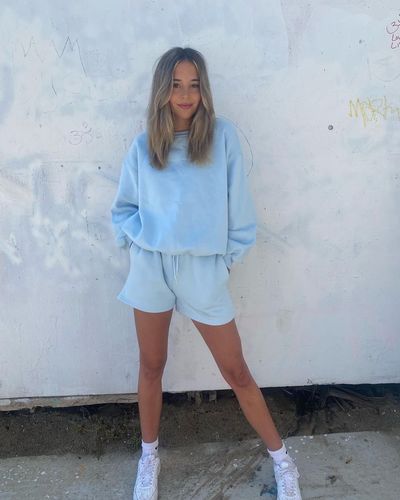 Customer photo review of baby blue crew neck sweater