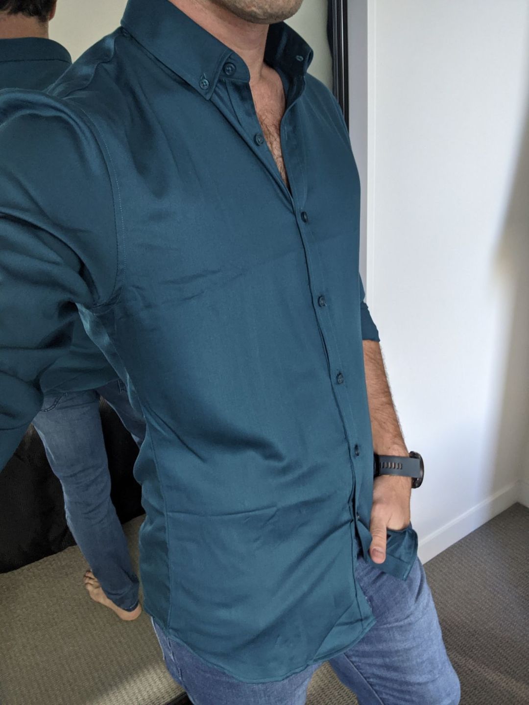 Customer photo review of Bamboo Satin Stretch Shirt - Deep Teal