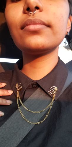 Customer photo review of Skeleton Hands Collar Brooch
