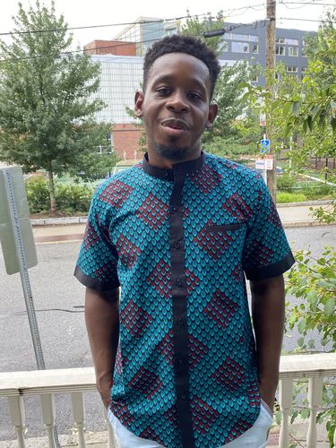Customer photo review of AFRICAN PRINT JAFARI  BUTTON UP MANDARIN COLLAR SHIRT SLEEVE SHIRT