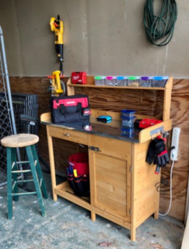 Customer photo review of Outdoor Potting Bench Table, Garden Workstation w/Metal Tabletop, Cabinet, Sliding Drawer, Open Shelf Natural Fir Wood