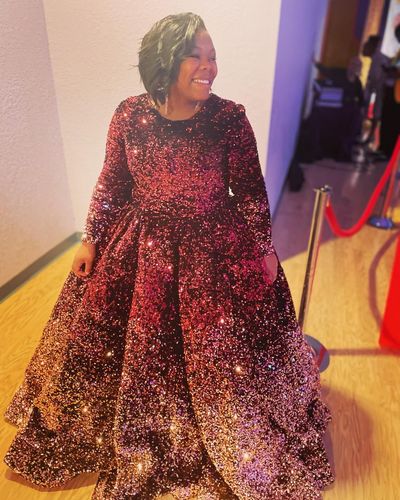 Customer photo review of Long Sleeve Shimmering Blue Sequin Muslim Formal Dresses FD1768B