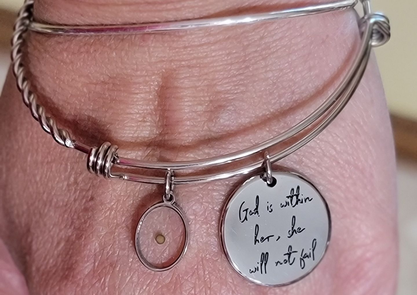 Customer photo review of God is Within Her, She Will Not Fail Bracelet