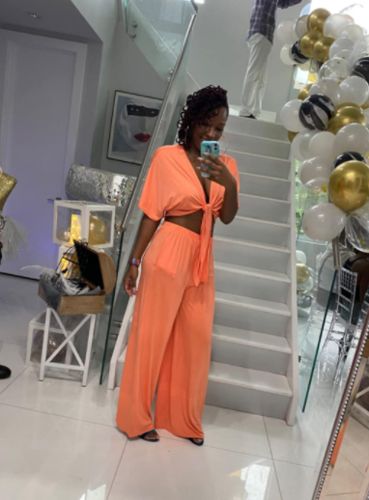 Customer photo review of Casual Solid Split Joint V Neck Half Sleeve Two Pieces