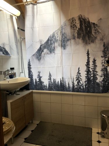 Customer photo review of Black White Smokey Mountain Scene Shower Curtain Bathroom Decor