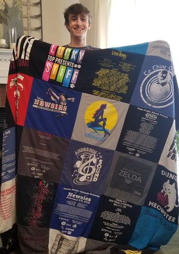 T-shirt quilt with theater, musicals themes by Mardelle from OK