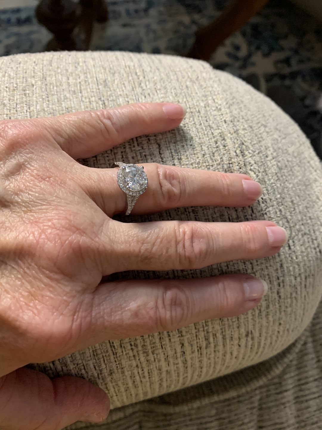 Customer photo review of Round Moissanite Halo Four Prong Pave Sterling Silver Wedding Ring