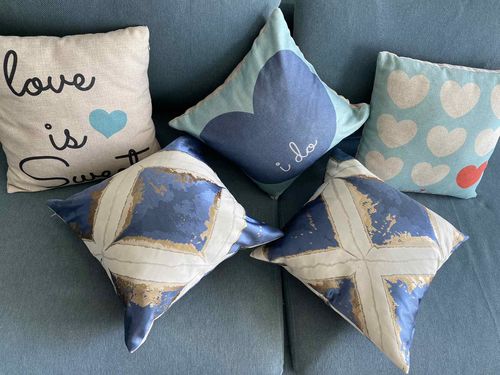 Customer photo review of Blue & Gold Abstract Pillow Cover (Set of 2)
