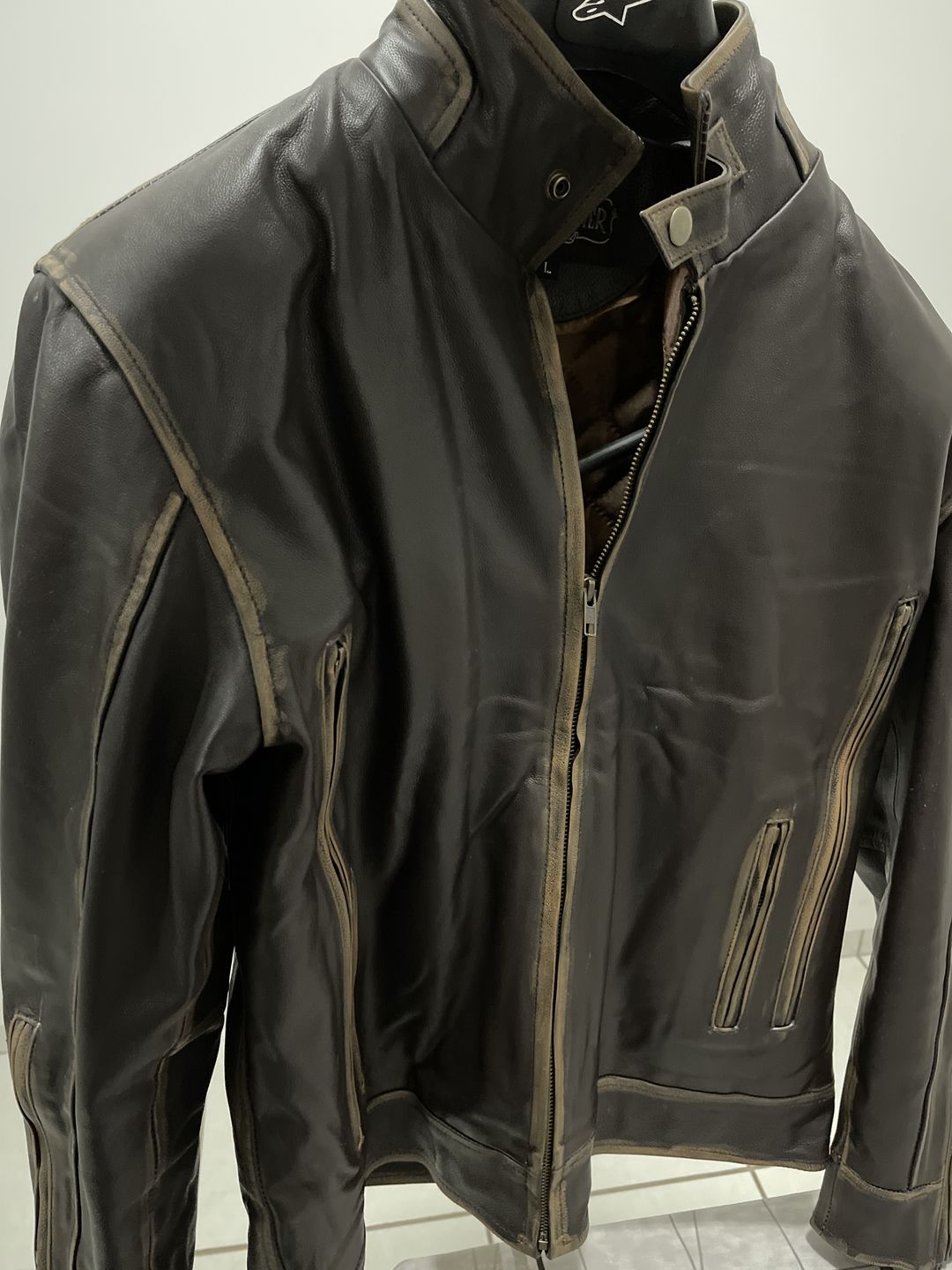Customer photo review of Brown Cafe Racer Leather Jacket