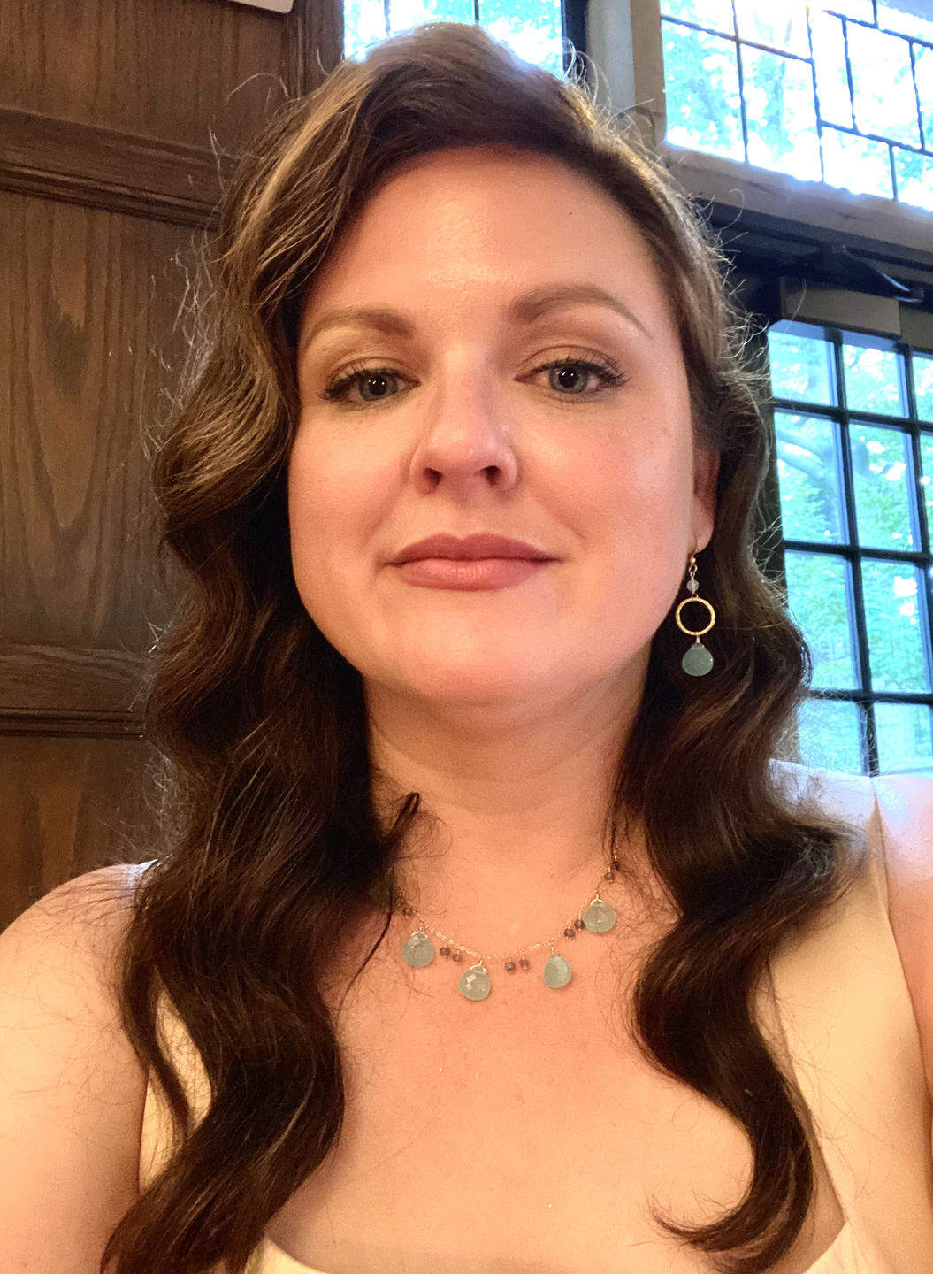 Customer photo review of Aqua Chalcedony & Labradorite Gold Dewdrop Necklace