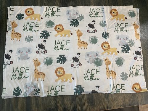 Customer photo review of Safari Animals Lion Zebra Giraffe Personalized Custom Name Baby Swaddle Blanket