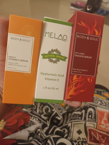Customer photo review of (Bundle of 3) Premium Vitamin C, Retinol, and Dragon Serum Bundle