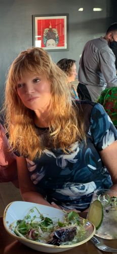 Customer photo review of Joseph Ribkoff Midnight Blue/Multi Floral Print Ruched Sheath Dress 203242 NEW