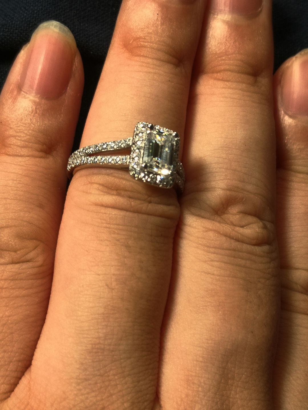 Customer photo review of Halo Emerald Moissanite Split Shank Pave Sterling Silver Engagement Ring