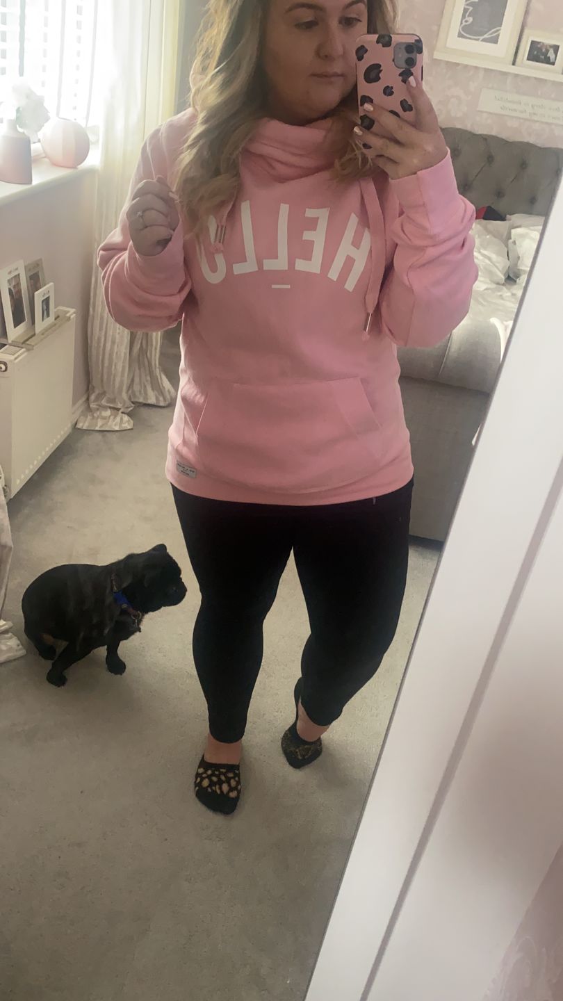 Customer photo review of Pink Hello Cowl Neck Hoodie