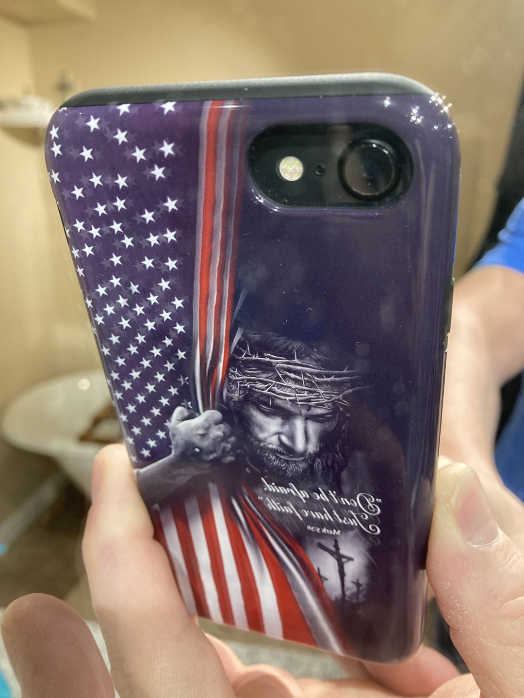 Customer photo review of Don't be afraid Just have faith Mark 5:36 American flag Christian phone case