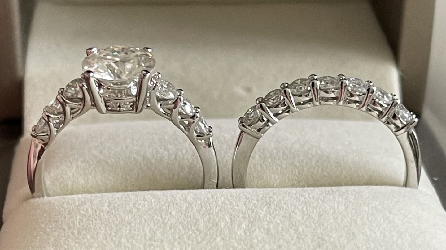 Customer photo review of Round Moissanite Sterling Silver Wedding Band Stackable Ring