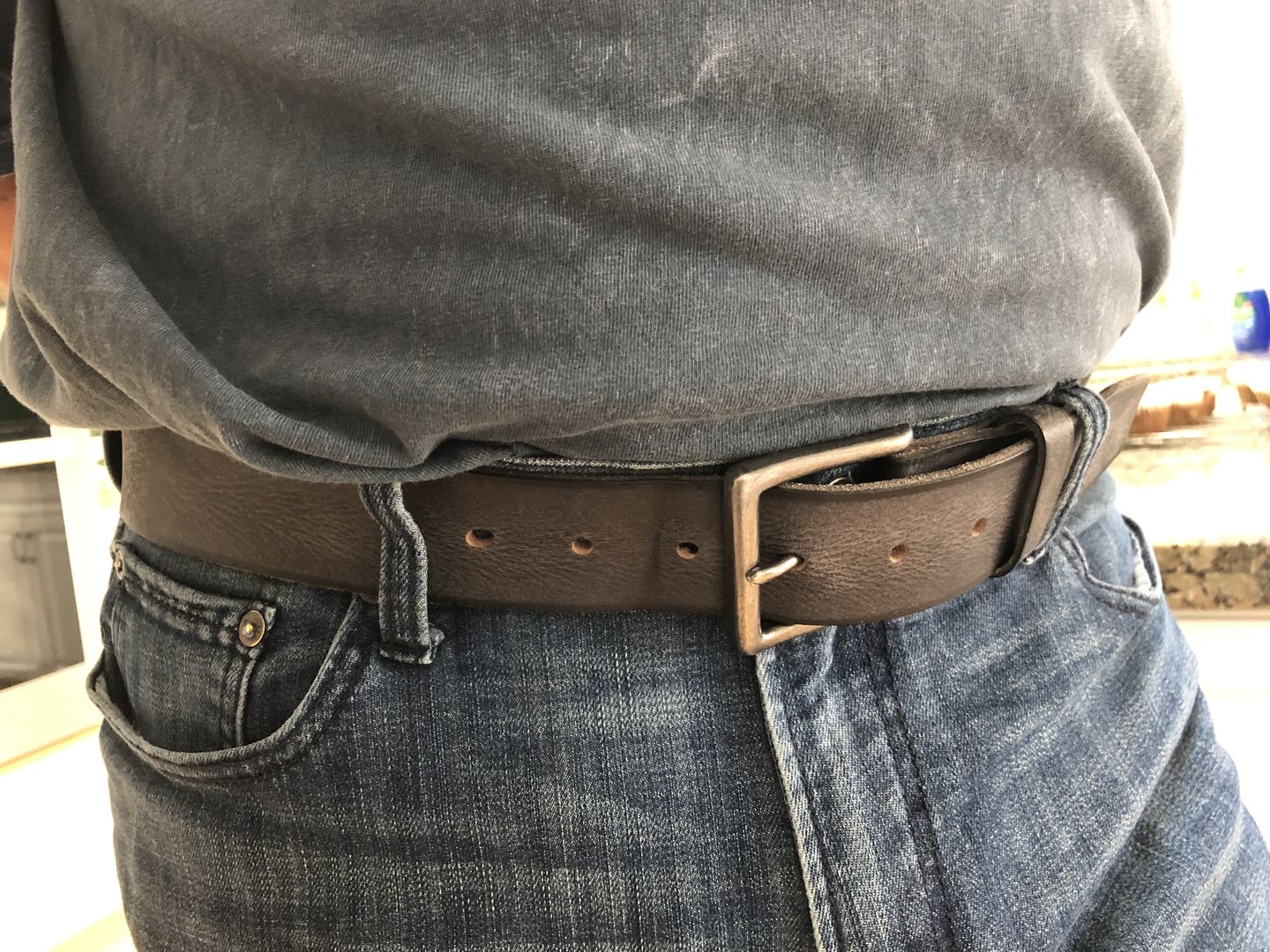 Customer photo review of The Mountain Belt - Grey Leather Belt with Charred Edges