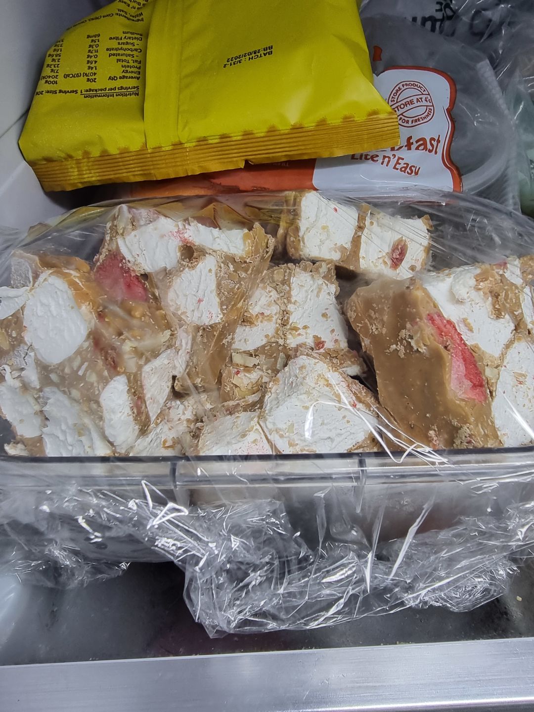 Customer photo review of Rocky Road Strawberries and Almond Caramel Chocolate Block 500g