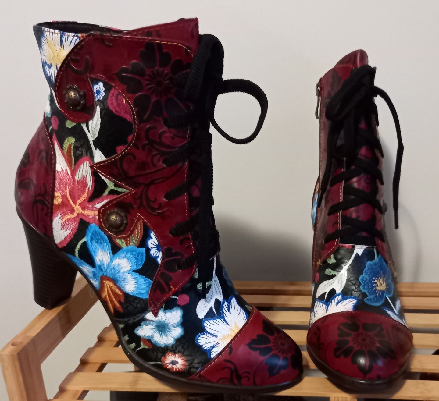 Customer photo review of Leather Hand Embossed Adjustable High Heel Boots