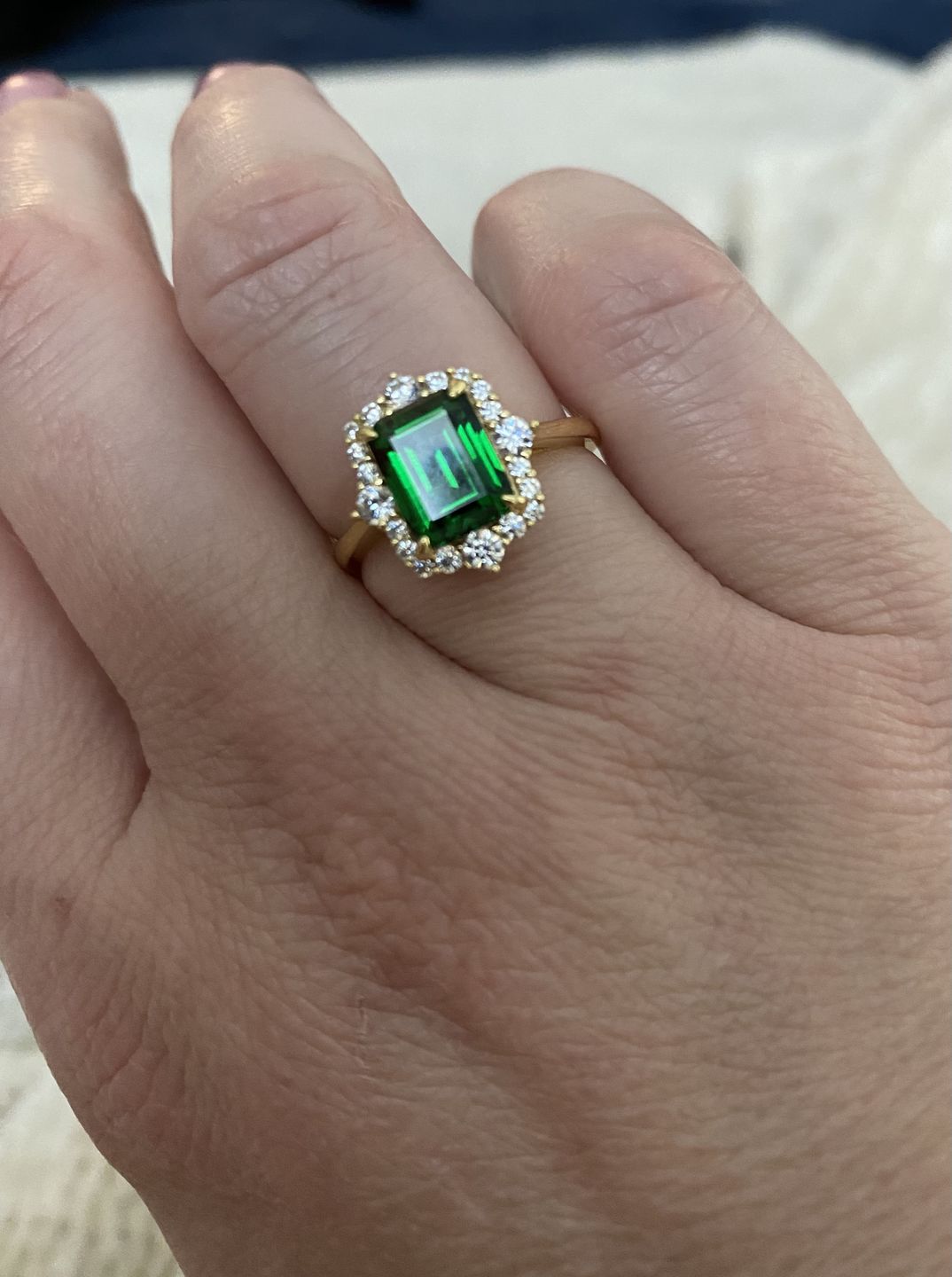 Customer photo review of S925 3.0Ct Emerald Cut Green/Red/Blue Stone Halo Engagement Ring Vintage Ring
